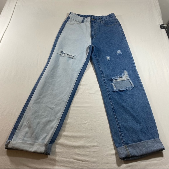 Shein Jeans women’s 4 Two Tone Relaxed Jeans Distressed High Rise Zip jeans - Picture 2 of 10